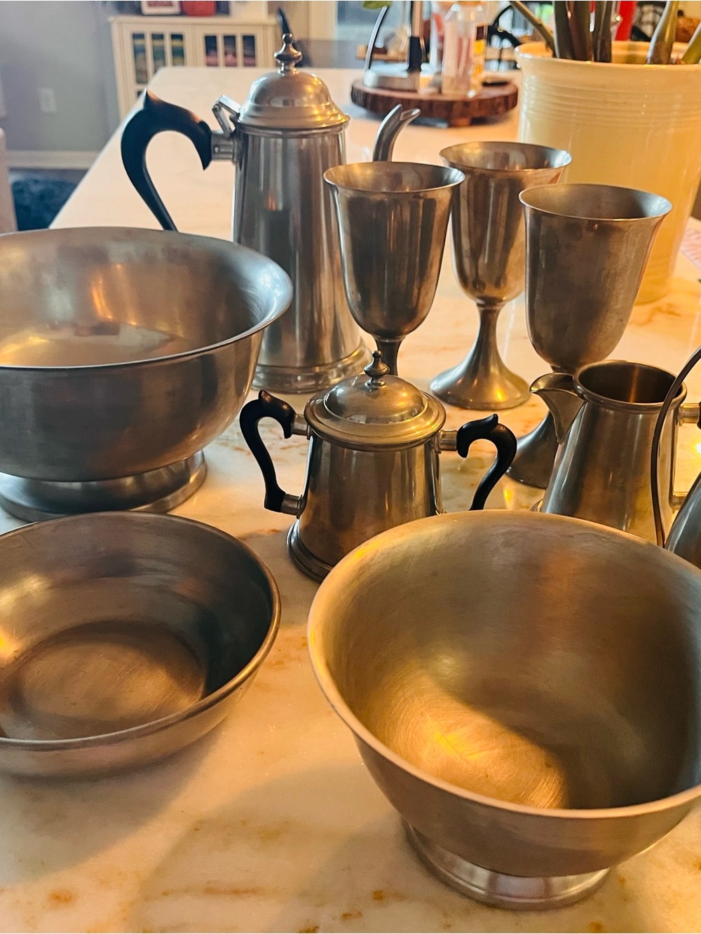 Vintage Pewter Bowl and Goblet Set - Brushed Silver Finish